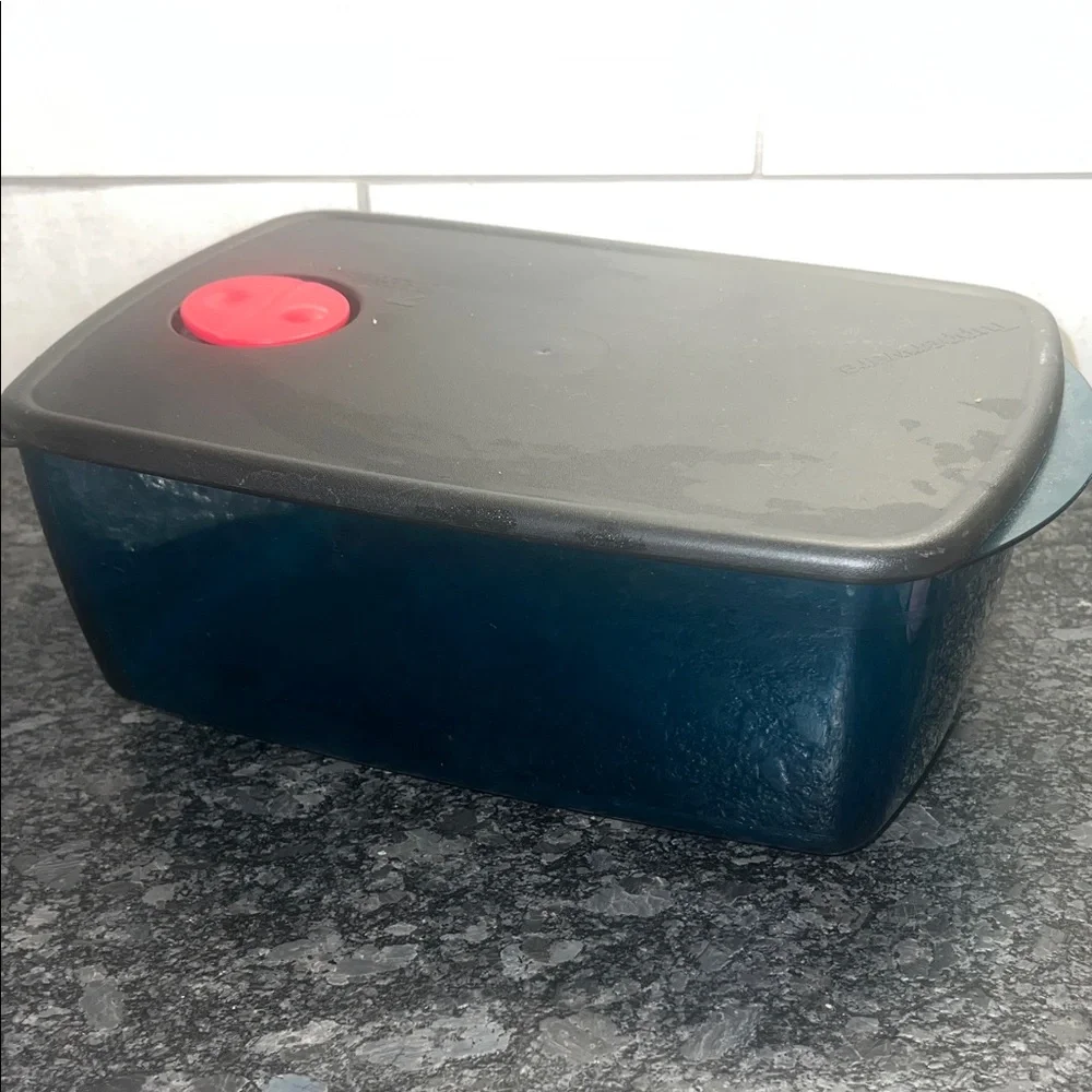 Tupperware Vent N Serve Black Lid with Blue Base Container. Microwave.
